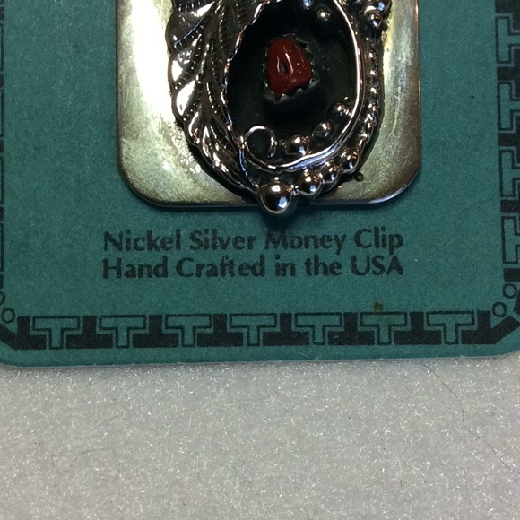 FINAL SALE PRICE Silver Southwest Money Clip w/Turquoise & Coral - Picture 2 of 3
